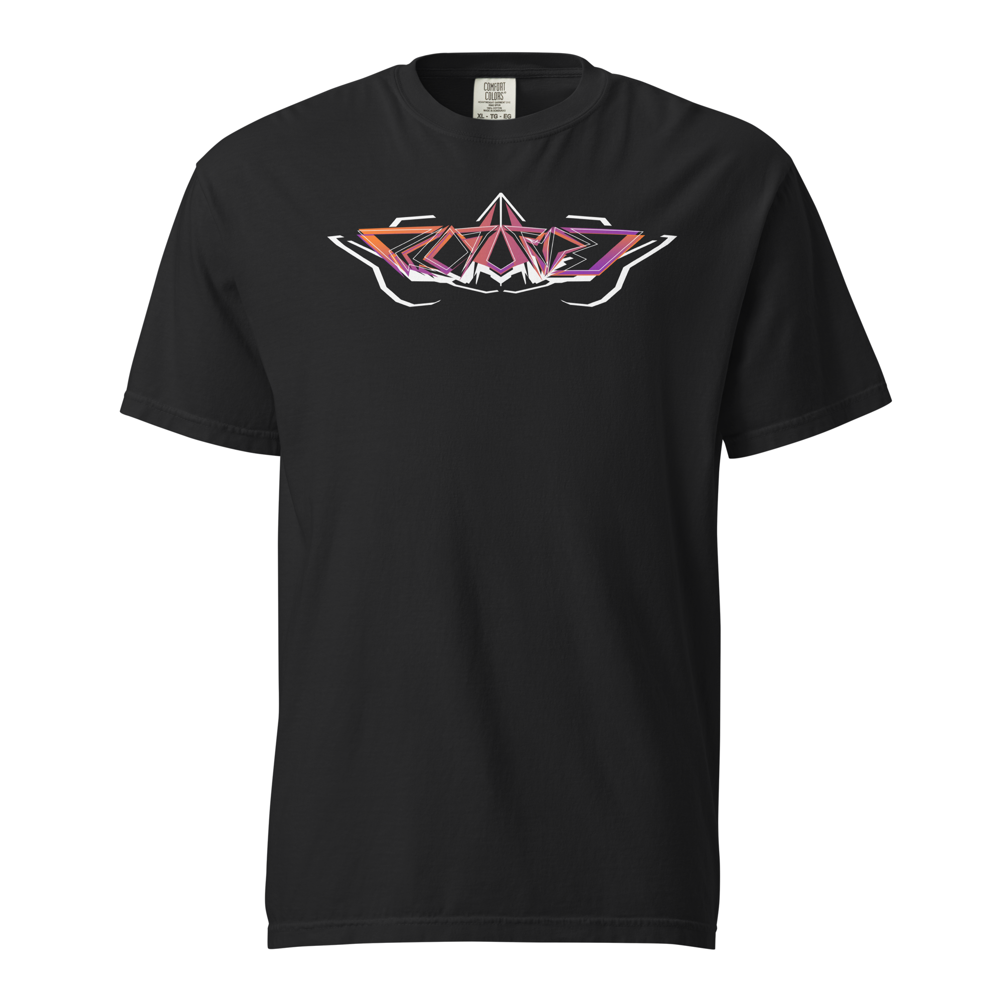 Treemoss Album Prototype T-Shirt designed by independent graphic and music artist Treemoss. Featuring halftone abstract designs with retro metal logo on front. Front View.