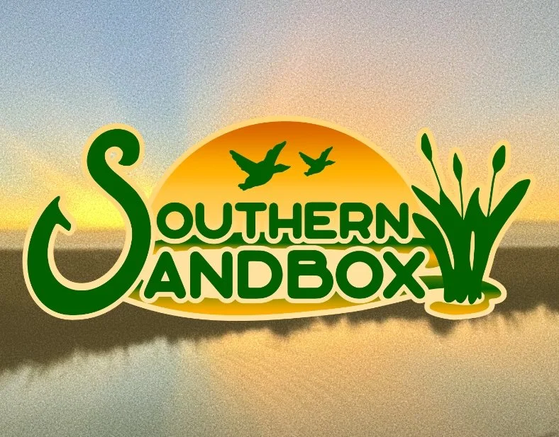 Logo for Southern Sandbox featuring a South Louisiana sunset background, green text, two flying birds with a swamp background.