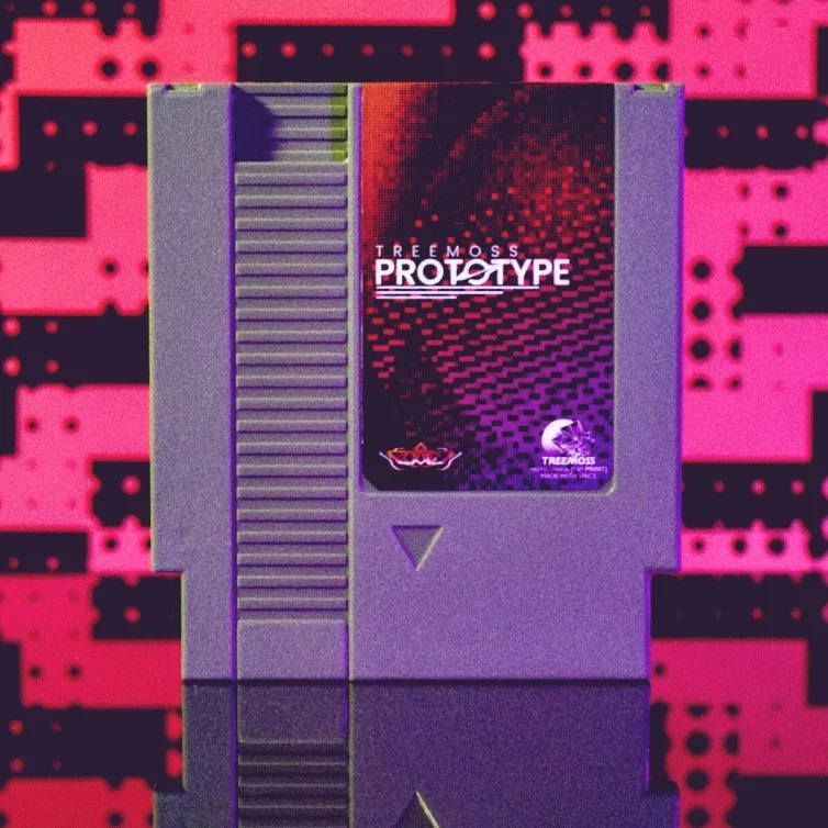 Treemoss Album Prototype NES Cart created by independent graphic and music artist Treemoss. Featuring conceptual experimental psychedelic progressive soundtrack metal. Alt View.