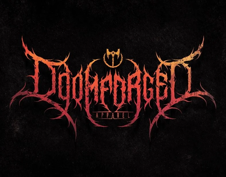 Dark, stylized logo with intricate, jagged lettering for DoomForged Apparel. Offering alternative culture designs and cryptic story for metal streetwear enthusiasts.
