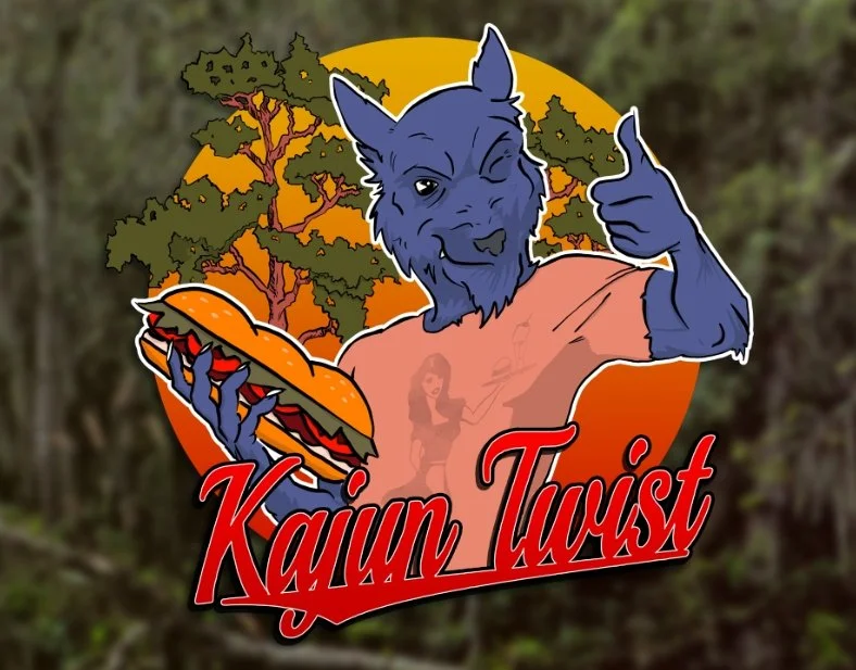 Kajun Twist Restaurant's Cartoon illustration of a blue wolf winking, giving a thumbs-up and holding a poboy. The background features a South Louisiana sunset.