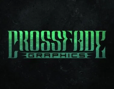 Stylized lettering for Crossfire Graphics logo in green text on a black background. Servicing the UK with design solutions for alternative and metal bands.