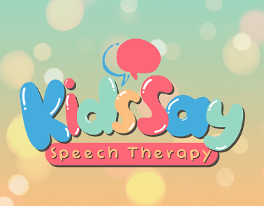 Colorful and playful logo Kids Say Speech Therapy, on a pastel background, offering speech therapy services for children in Austin, Texas.