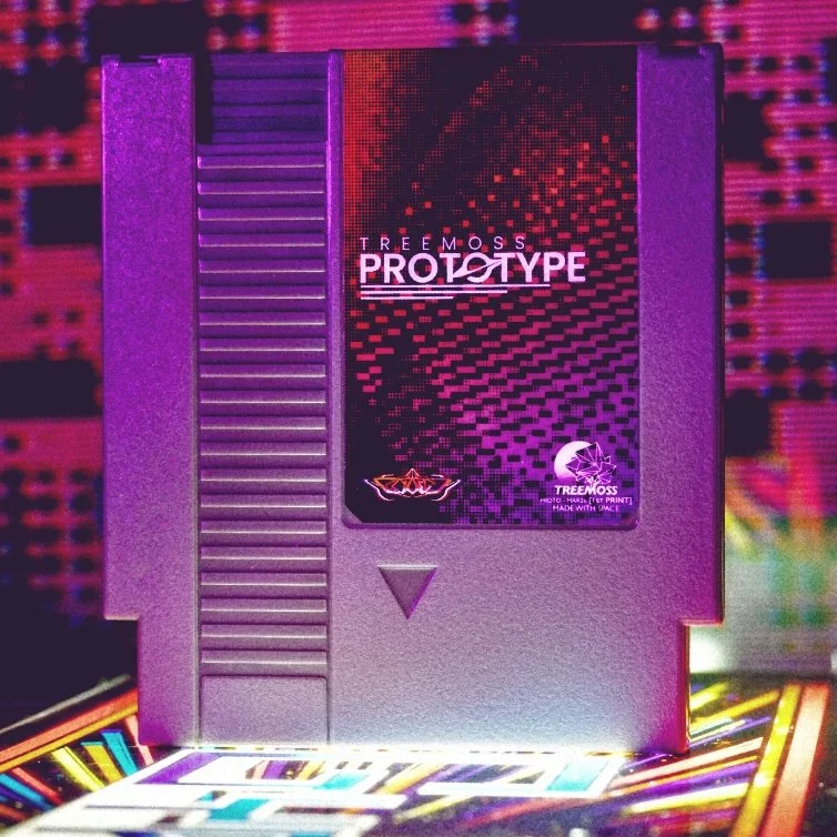 Treemoss Album Prototype NES Cart created by independent graphic and music artist Treemoss. Featuring conceptual experimental psychedelic progressive soundtrack metal. Retro View.