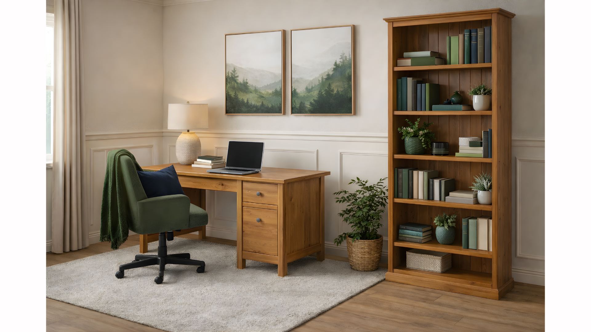Home office with wooden desk, green office chair with a navy pillow, table lamp, closed laptop, and books. There is a bookshelf filled with books and plants, and two landscape paintings on the wall. A window with cream curtains lets in light.