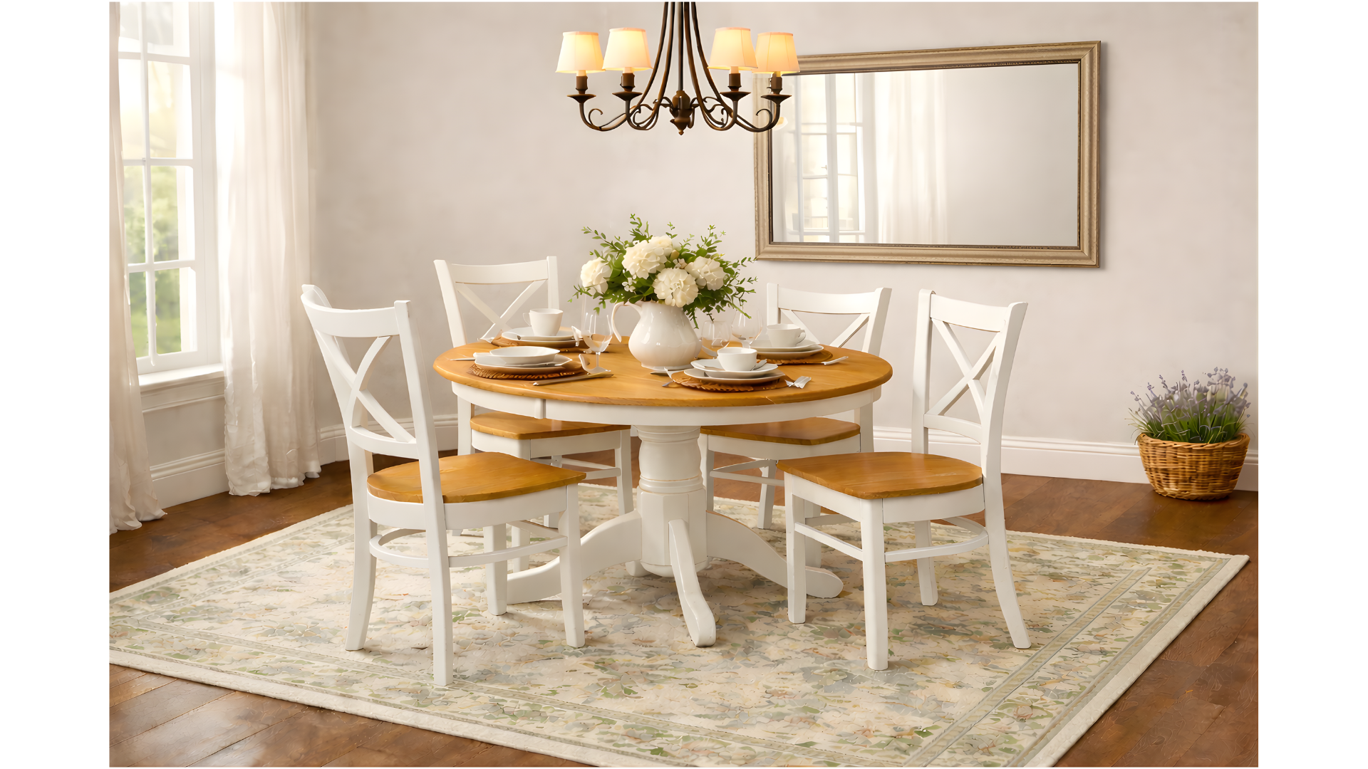 A dining room with a round wooden table set for four, white chairs with wooden seats, a vase of white flowers, a large mirror on the wall, a chandelier with multiple lamps above the table, a window with white curtains, a floral area rug, and a wicker basket of purple flowers in the corner.