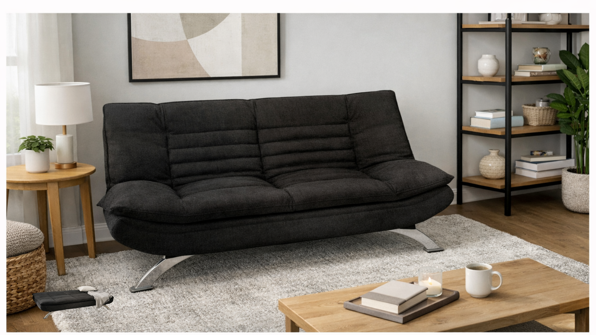 Modern living room with a black sofa, wooden side table with a white lamp and plant, a wooden coffee table with books, a candle, and a mug, a beige textured rug, and a black metal shelf with decorative items, potted plant, and books, with abstract artwork on the wall.