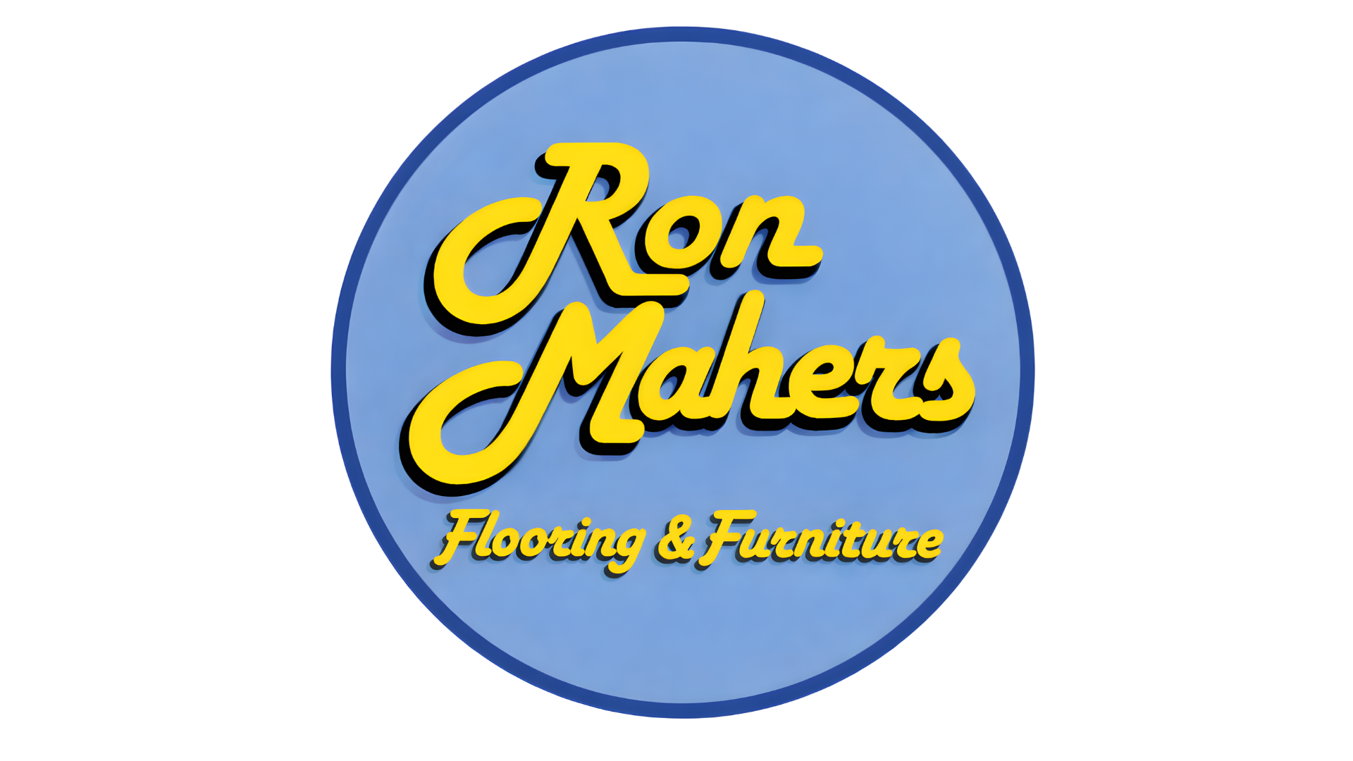 Store sign for Ron Mahers Flooring & Furniture with a blue circular background and yellow text.