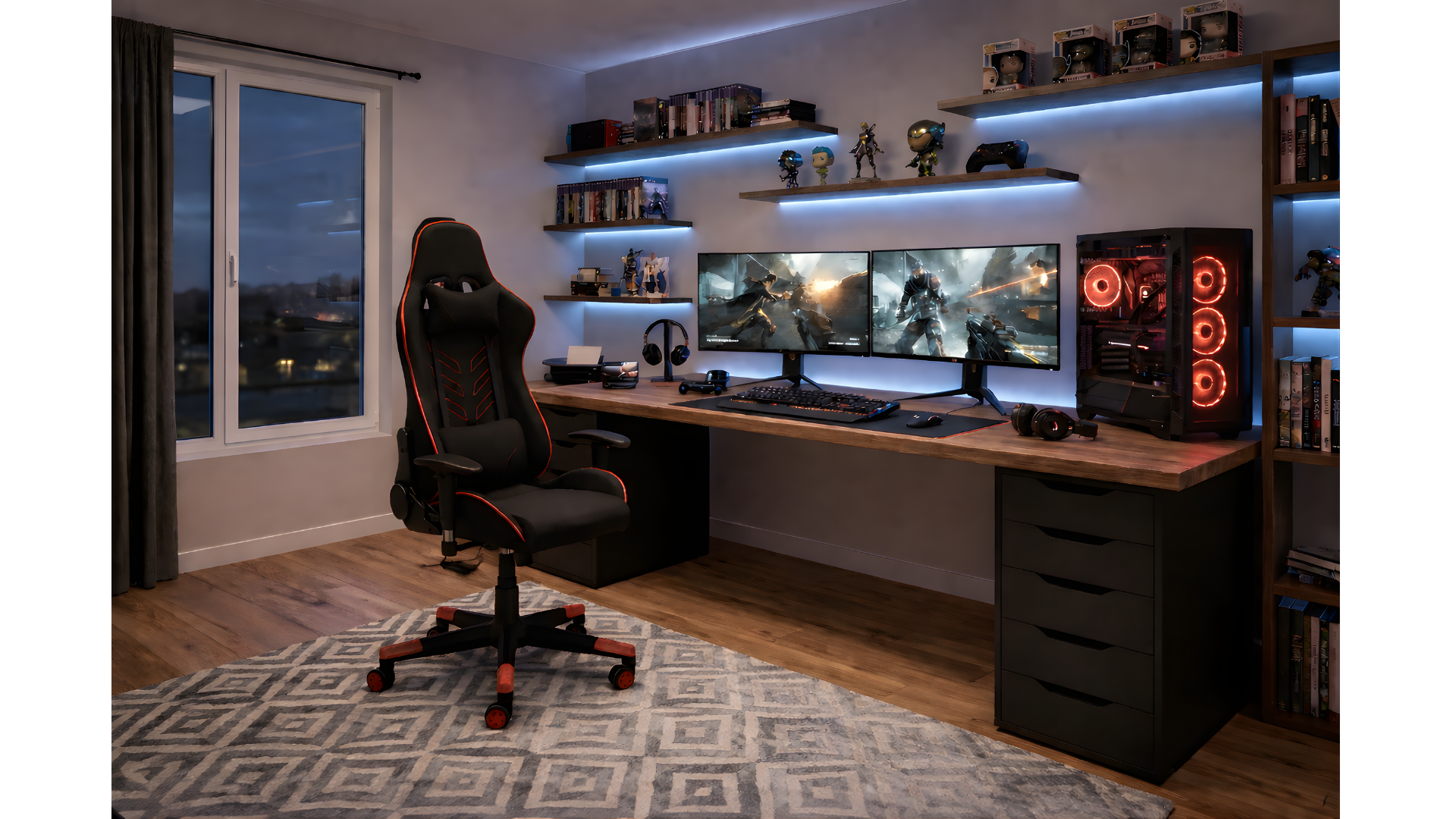 A gaming setup in a well-lit room featuring a black and red gaming chair, a large wooden desk with dual monitors displaying a sci-fi game, a gaming keyboard, mouse, headphones, and a gaming PC tower with red LED lights. Shelves with game collectibles, books, and gaming paraphernalia are mounted on the wall, and a window with dark curtains is on the left side of the room.