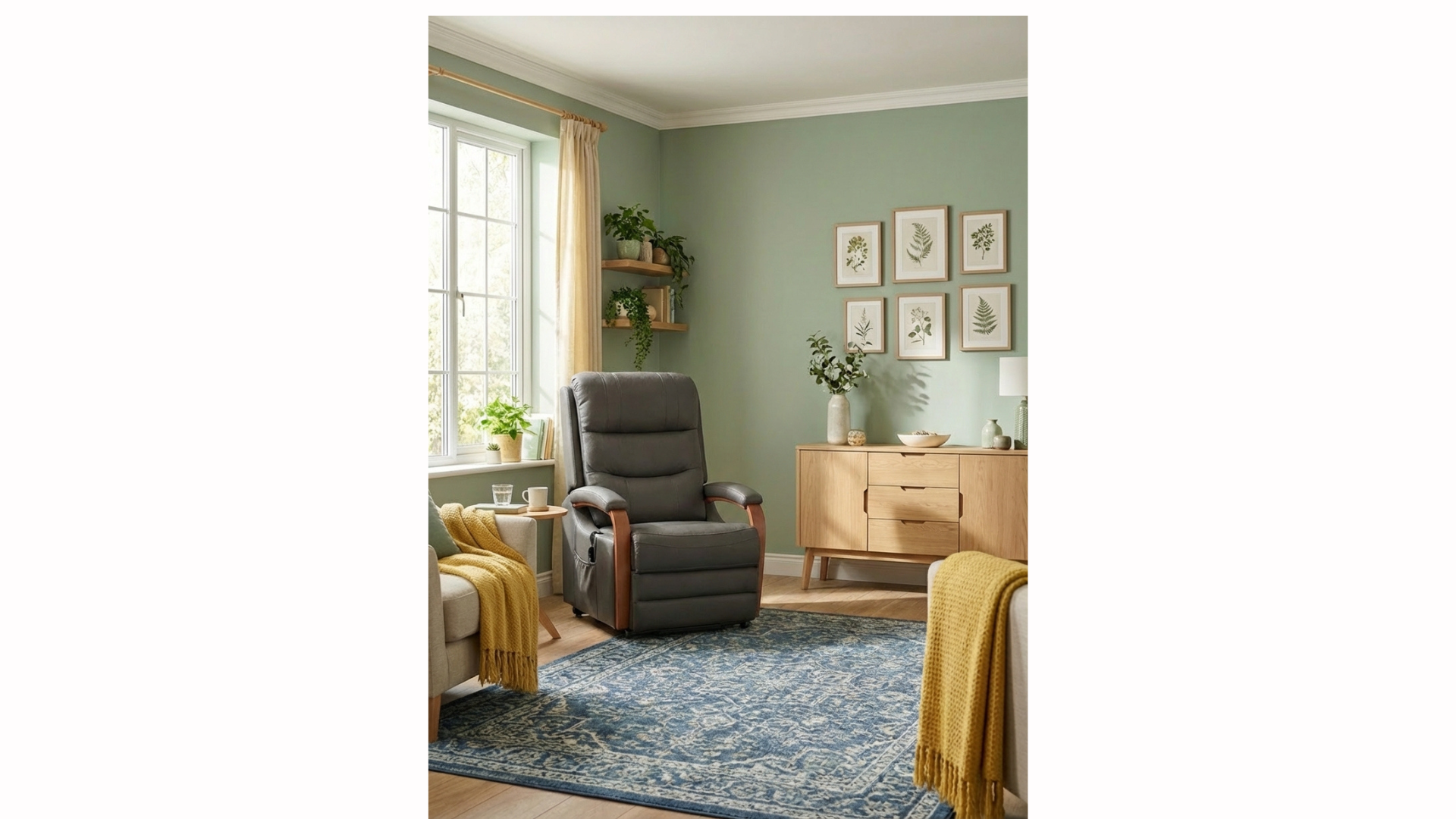 Cozy living room with a gray armchair, yellow blankets, a side table with a glass of water and a mug, a beige sofa, green walls decorated with framed botanical prints, a wooden sideboard with a vase of greenery, and a window with cream curtains letting in natural light.