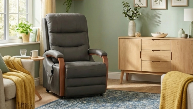 Living room with gray recliner, beige sofa with yellow throw, wooden sideboard, plants, and framed wall art.