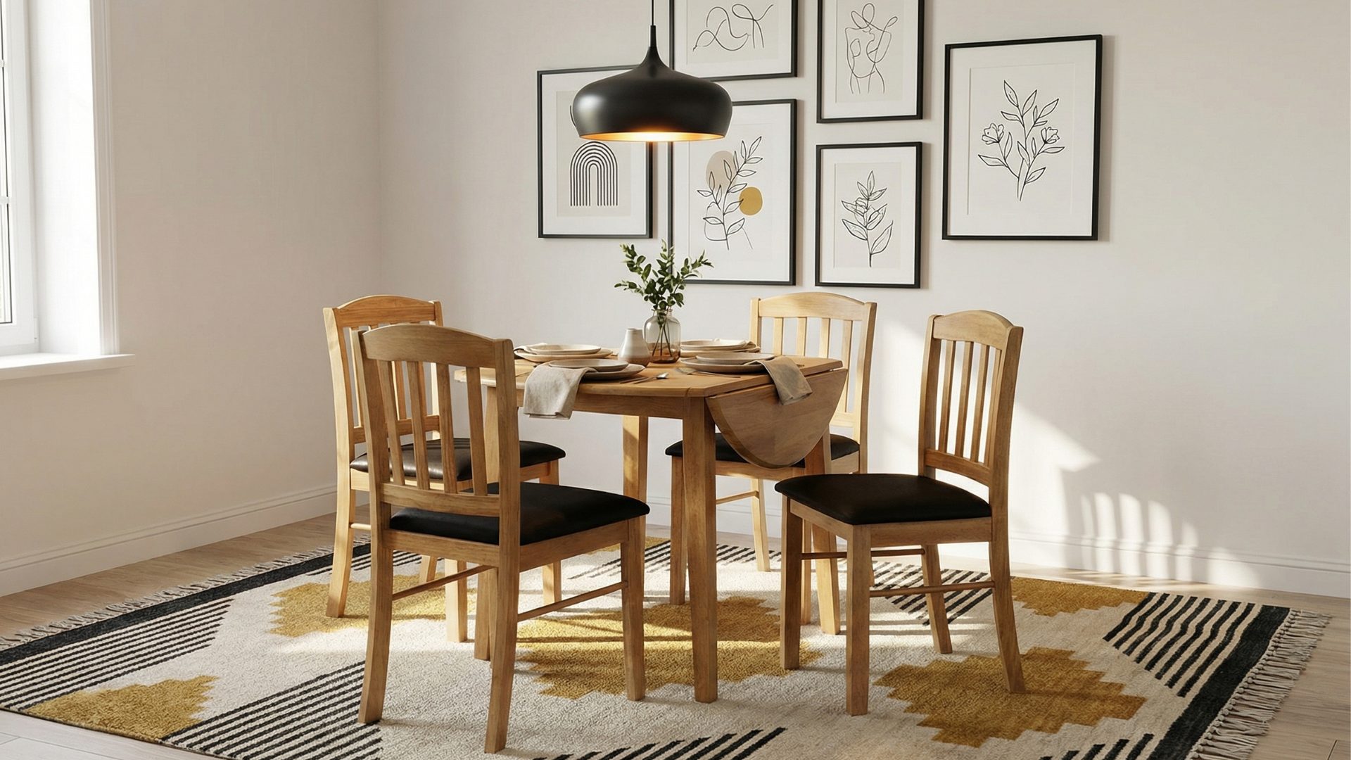 A dining room with a round wooden table surrounded by five wooden chairs, one of which is tucked in. The table is set with white plates, beige napkins, and a small white vase with green foliage. A black pendant light hangs above the table. The floor is covered with a patterned area rug, and the wall behind features framed line art prints of botanical and abstract designs. A window with white trim is on the left, allowing natural light into the room.