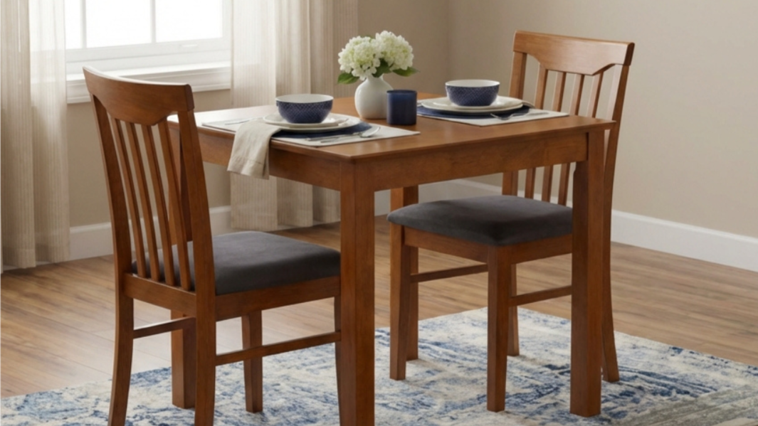 A wooden dining table set for two, with two chairs, a white vase with white flowers, a dark blue candle, two blue bowls, and two white plates with napkins, in a bright room with hardwood floors and beige walls.