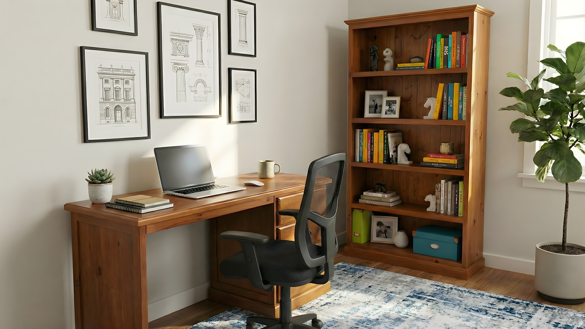 Home office with wooden desk, black mesh office chair, open laptop, coffee mug, potted succulent, framed architectural drawings on wall, wooden bookshelf with books, photos, and decorative items, window with blinds, and a large potted plant on the ri