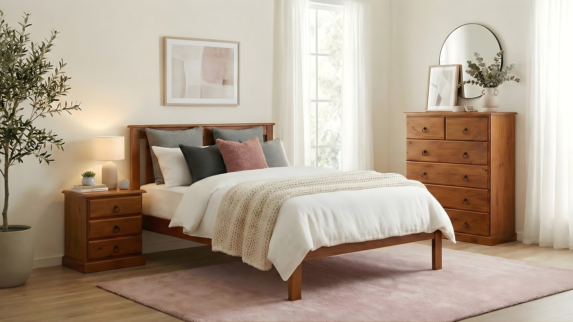 A cozy bedroom with a wooden bed, neutral bedding, and a pink rug. There is a wooden nightstand with a lamp, and a wooden dresser with a mirror, framed artwork, and decorative items. A large window with sheer curtains lets in natural light.