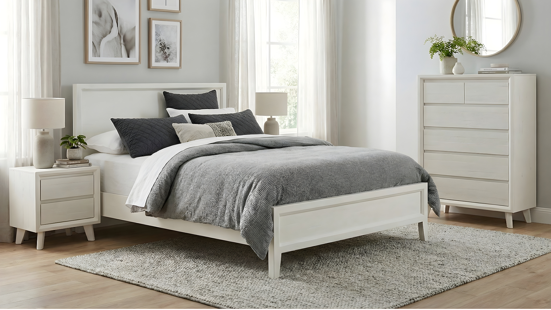 A bedroom with a white bed, black and gray pillows, a gray quilt, two white nightstands with lamps and a small plant, a white dresser with a plant and a mirror above it, and framed pictures on the wall.