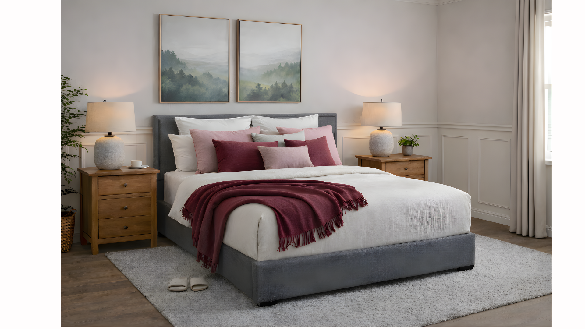 A cozy bedroom with a grey upholstered bed, white bedding, pink and burgundy pillows, and a burgundy throw blanket. There are two wooden nightstands with lamps on either side, and two framed landscape paintings above the bed. The room has white paneled walls, a window with white curtains, a beige rug, and slippers on the floor.