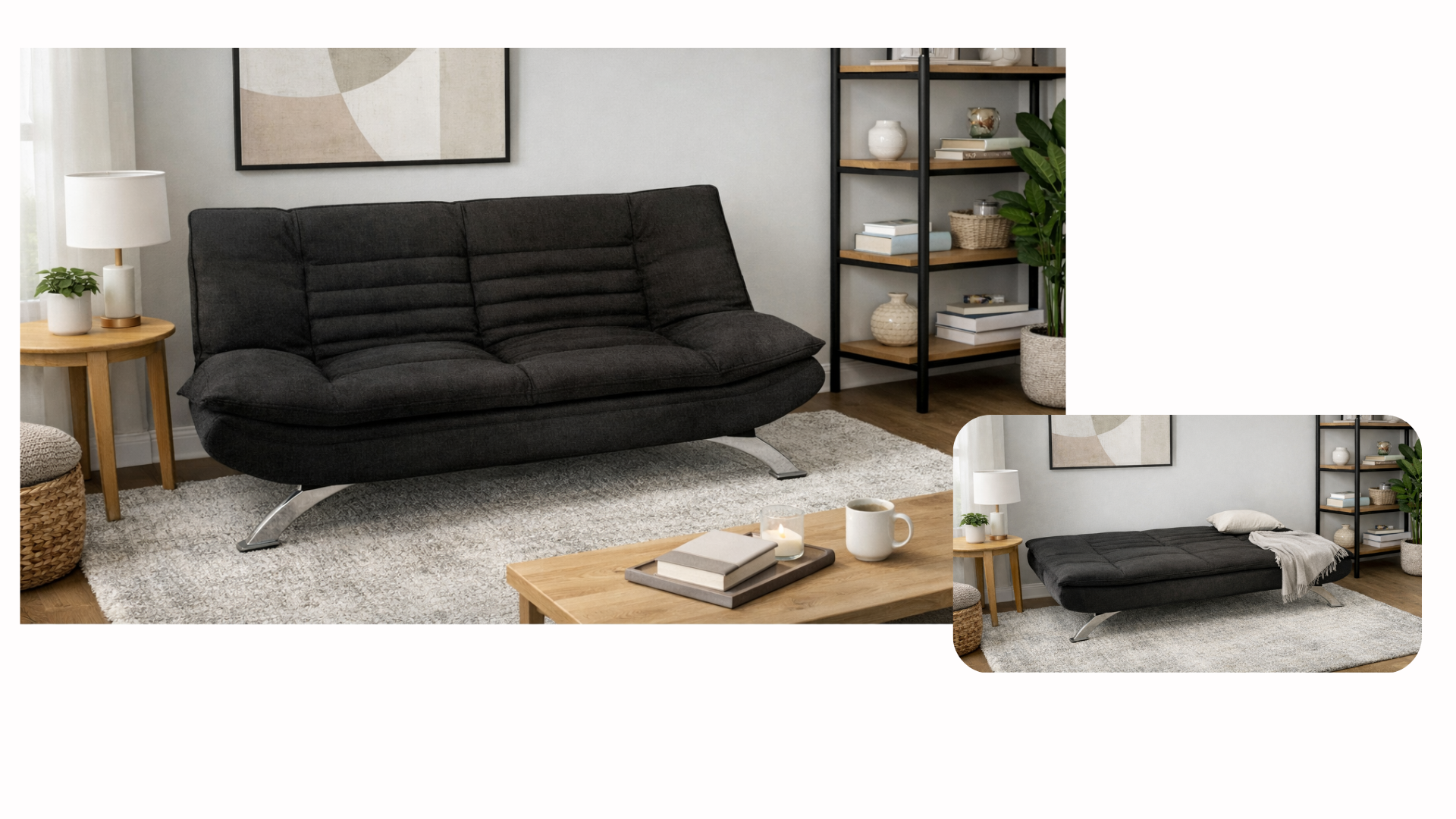 Living room with black futon sofa, wooden side table with white lamp and plant, beige rug, coffee table with books, mug, and candle, black metal and wood bookshelf, and framed abstract art on the wall.