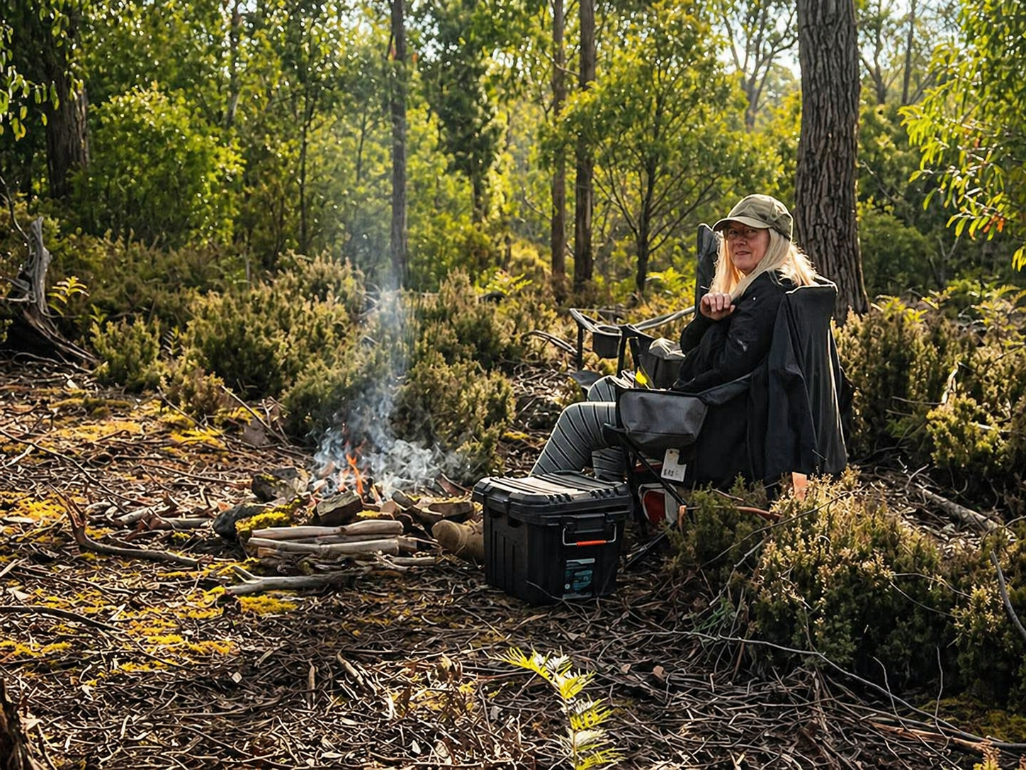 Woman sitting in a wooded forest clearing near a small campfire, surrounded by trees and greenery, wearing outdoor clothing and a hat.