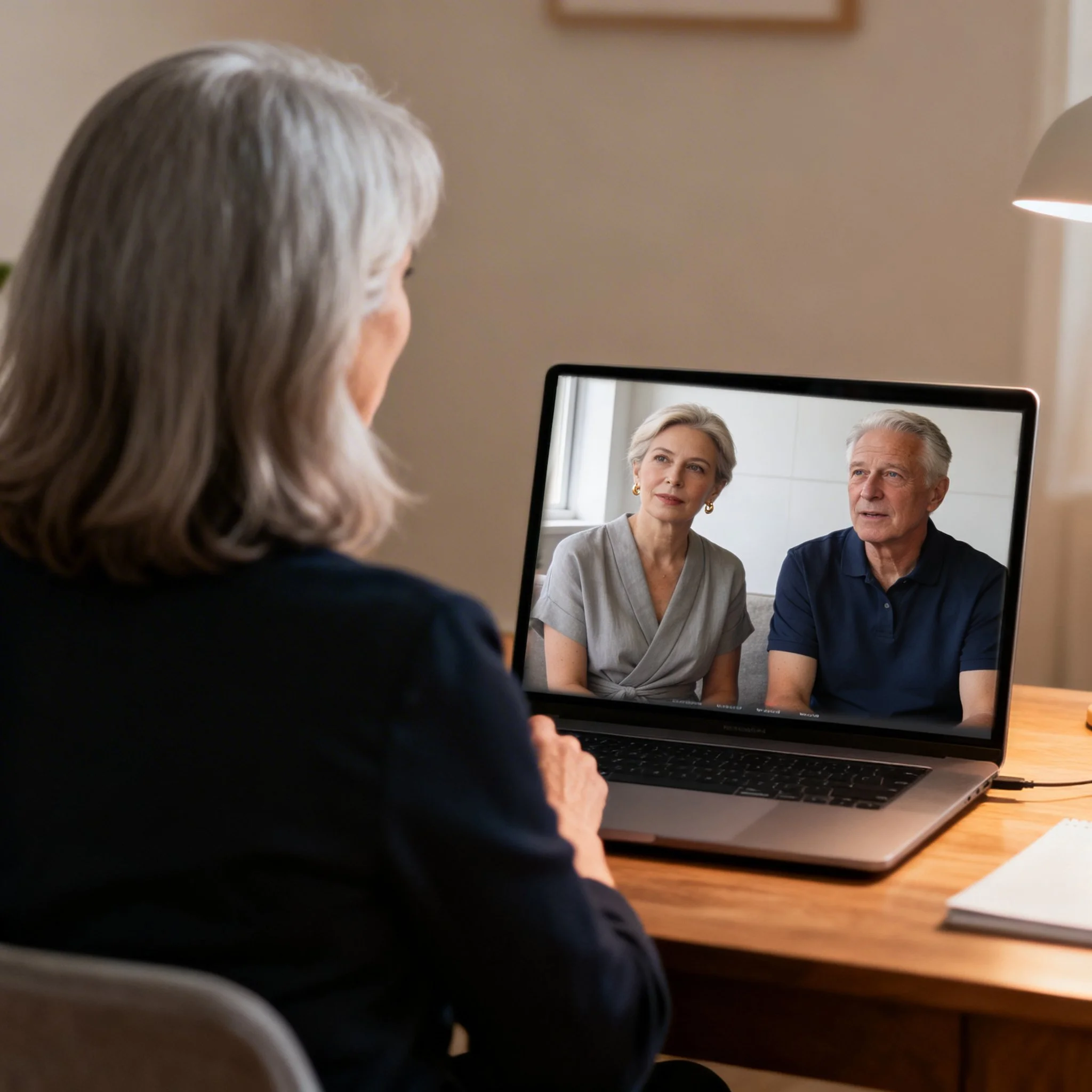 Person with gray hair engaging in a video call on a computer, showing an image of two elderly individuals on the screen.
