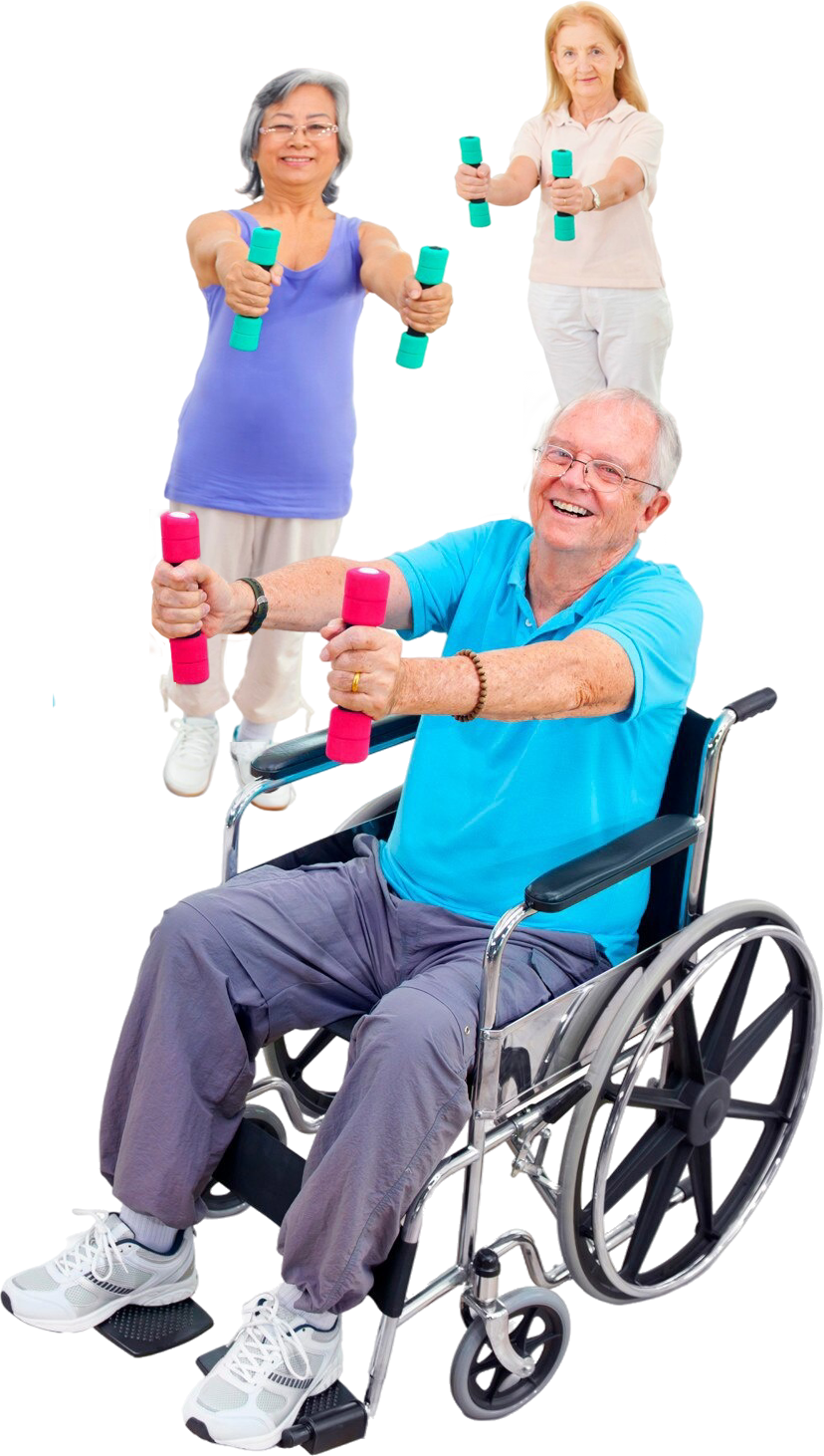 Three seniors exercising with dumbbells, one in a wheelchair, in a fitness setting.