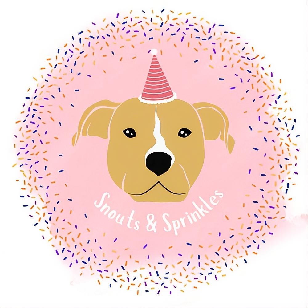 Illustration of a dog's face wearing a red and pink striped party hat, surrounded by colorful sprinkles on a pink background. Text reads 'Snouts & Sprinkles'.