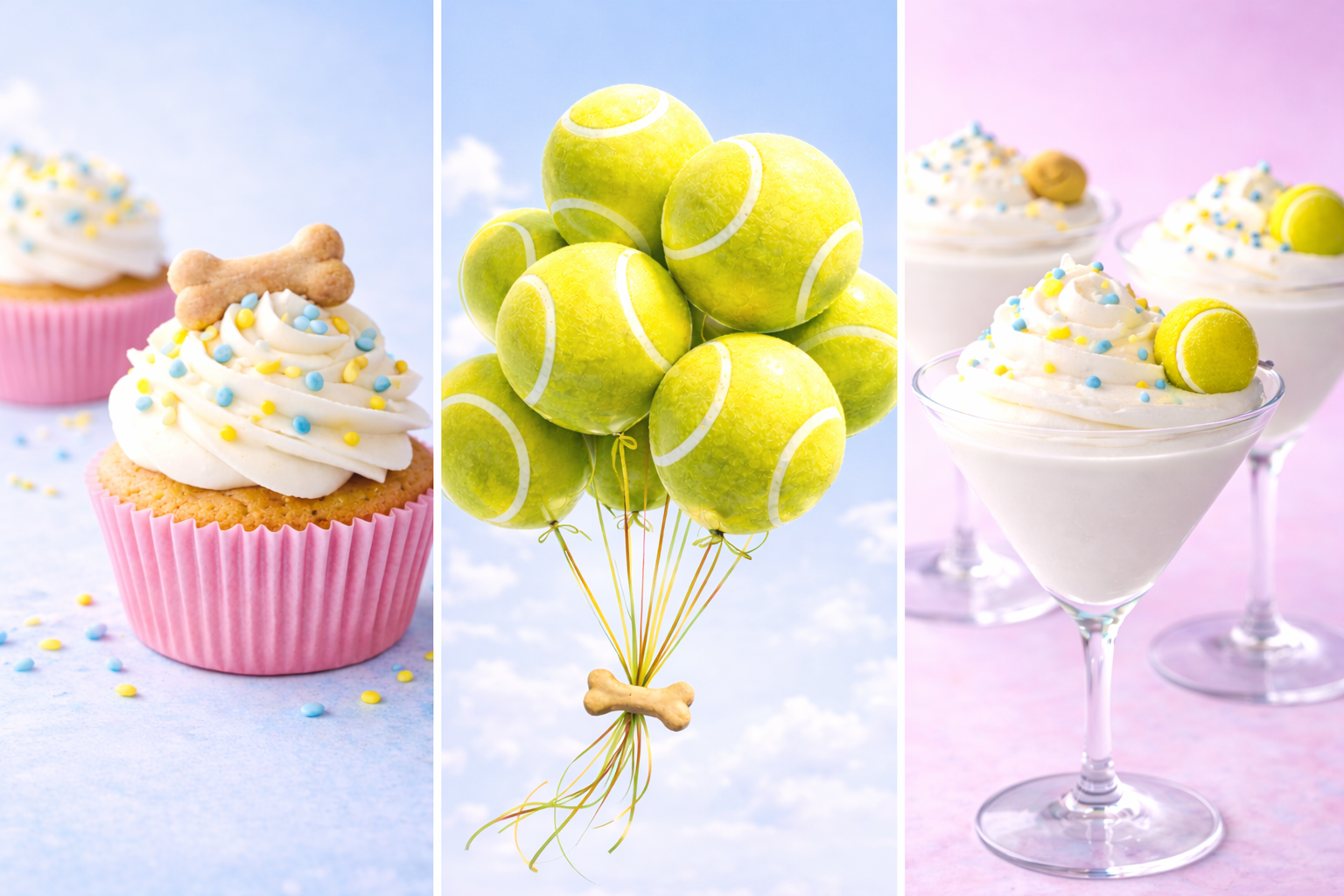 Image of three sections: on the left, cupcakes with white frosting, colorful sprinkles, and bone-shaped cookies in pink cupcake liners; in the middle, bunch of yellow tennis ball balloons with string tied to a dog bone; on the right, three martini glasses filled with a white creamy dessert topped with whipped cream, colorful sprinkles, a yellow tennis ball, and a yellow macaron.