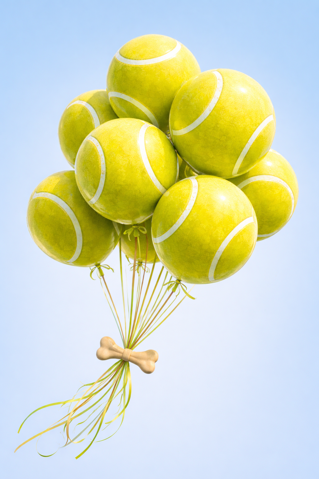A balloon bunch of tennis balls tied together with a dog bone