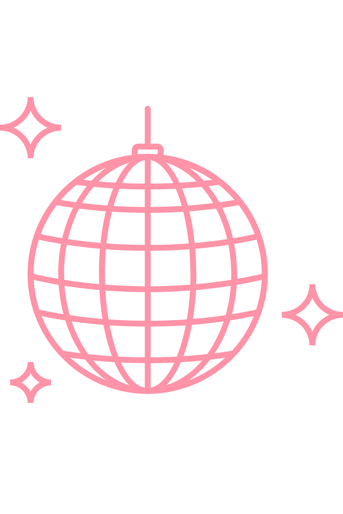 Pink disco ball with sparkles on a black background.