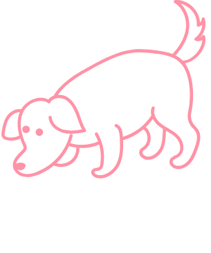 Pink outline drawing of a playful puppy with a raised tail