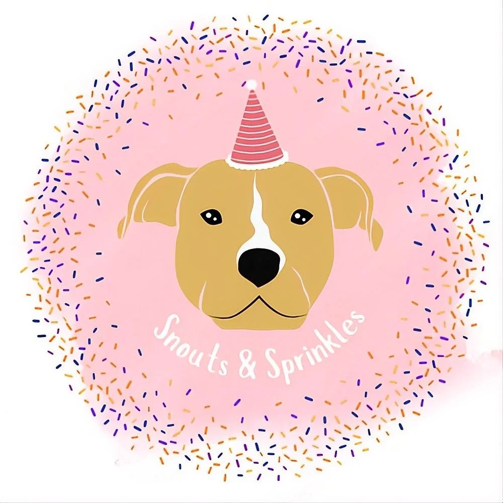 An illustration of a dog's face wearing a red and white striped party hat, surrounded by colorful sprinkles on a pink background with the words 'Snouts & Sprinkles' written below.