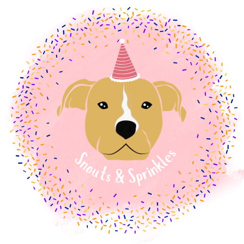 Balloon with a dog face wearing a party hat, surrounded by colorful confetti, and the text 'Snouts & Sprinkles.'
