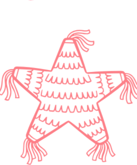Pink caricature of a star pinata, decorated with horizontal zigzag lines and tassels at the ends.