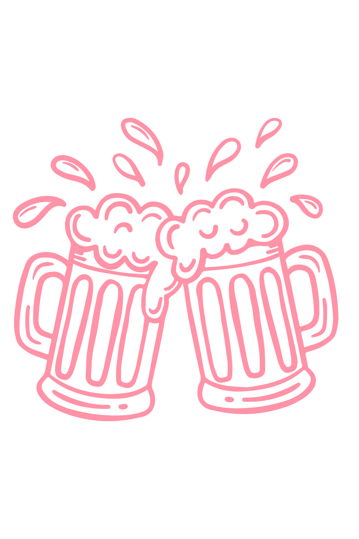 Neon pink outline of two beer mugs clinking together with foam and splashes.