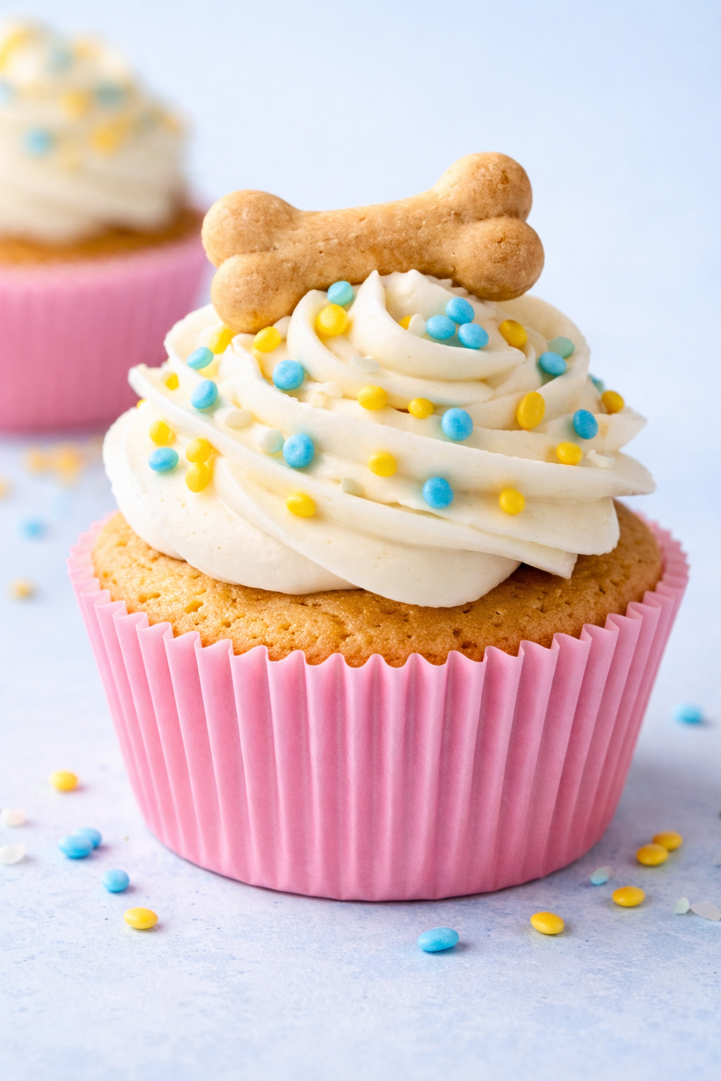 A cupcake with white frosting and blue and yellow sprinkles, topped with a dog bone