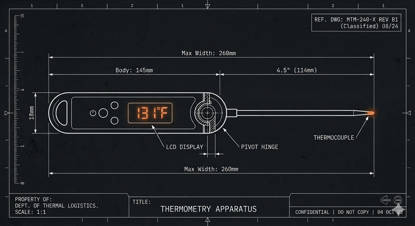A technical blueprint drawing of a thermometry apparatus, showing dimensions, LCD display, pivot hinge, and thermocouple, with labels and measurements in millimeters and inches.