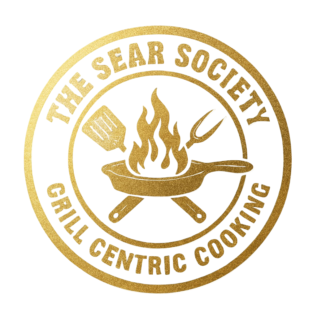 Golden seal with the text "Sear Society Grill Centric Cooking" and an image of a frying pan with flames, a spatula, and a piece of food.