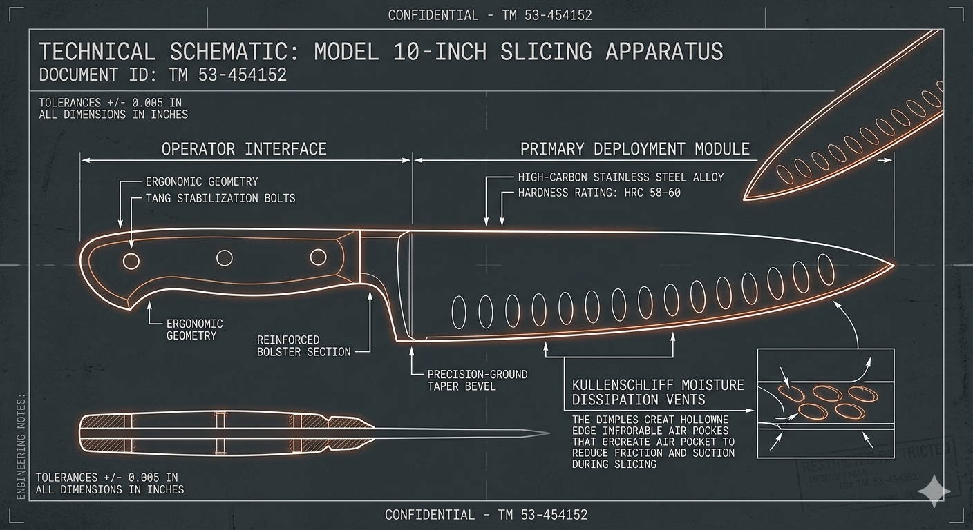 Blueprint of a 10-inch slicing knife with labeled parts including ergonomic handle, tang bolts, reinforced bolster section, precision ground taper bevel, high-carbon stainless steel alloy blade with moisture dissipation vents, and detailed inset of vent design.