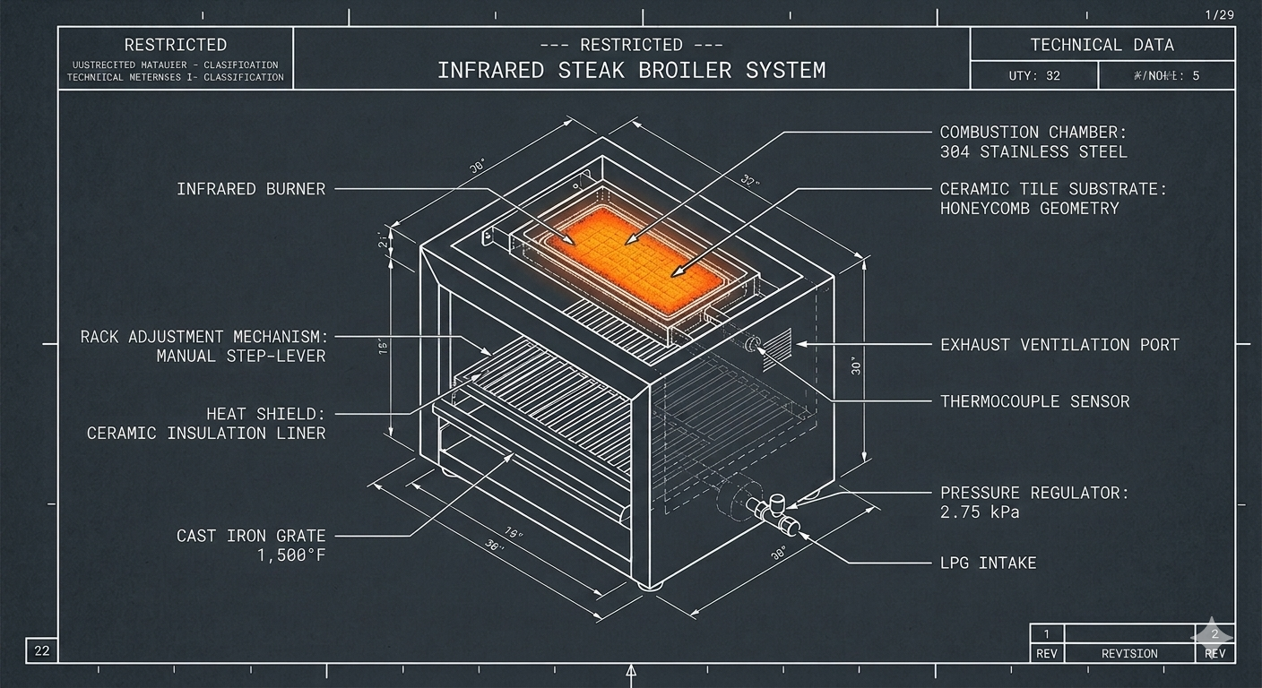 Blueprint of an infrared steak broiler system with labeled components including infrared burner, combustion chamber, ceramic tile substrate, exhaust ventilation port, thermocouple sensor, pressure regulator, LPG intake, heat shield, cast iron grate, rack adjustment mechanism, and ceramic insulation liner.