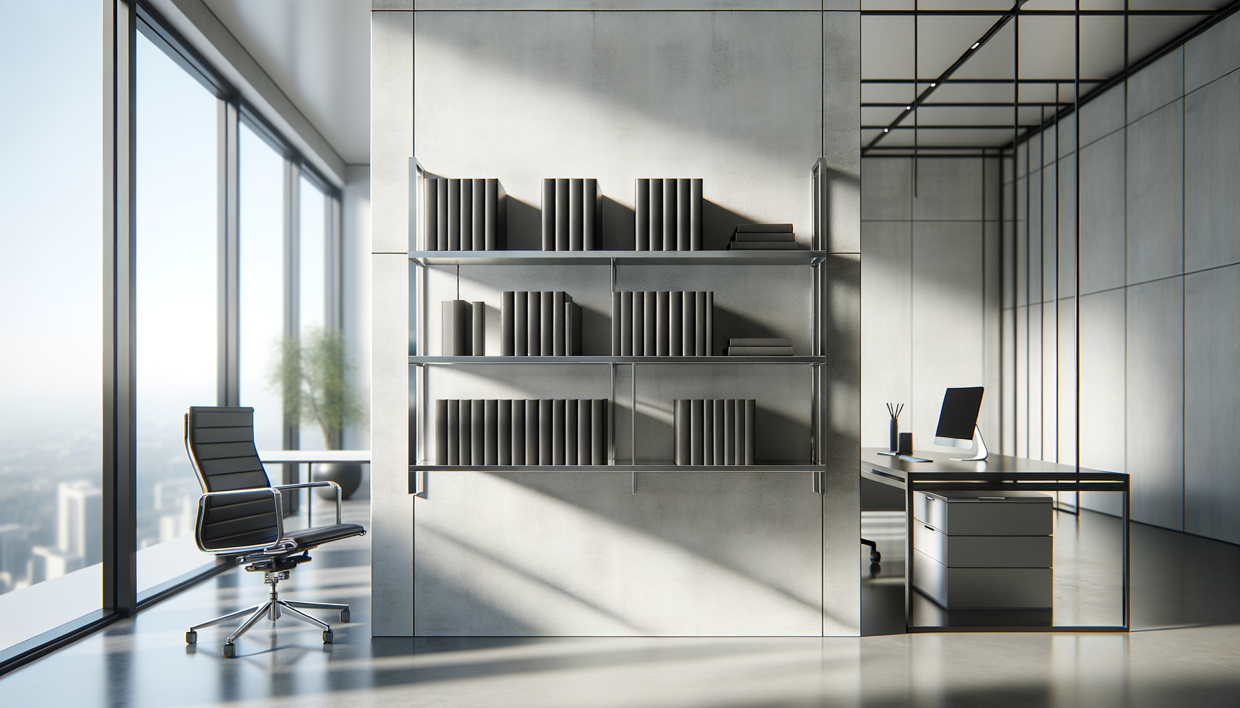 Modern office space with large windows, black office chair, metal bookshelf with black folders, and a sleek black desk with a computer and office supplies.
