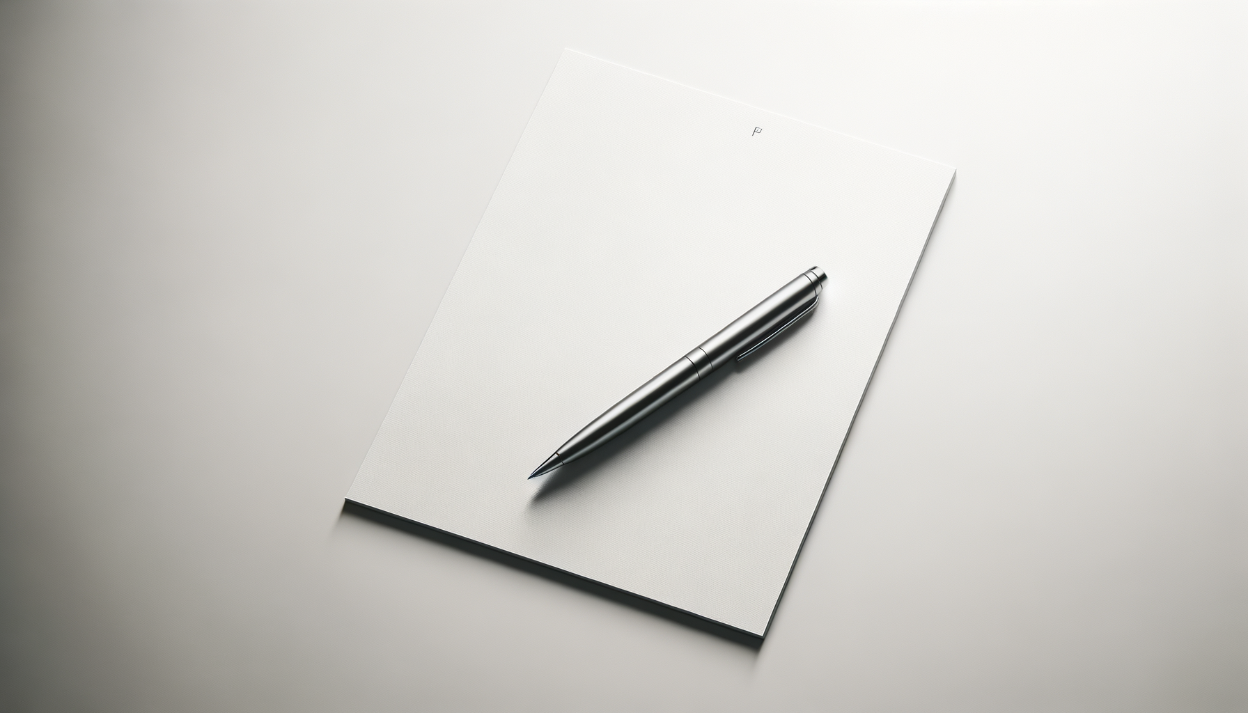 A silver pen resting on a blank white sheet of paper on a white surface.