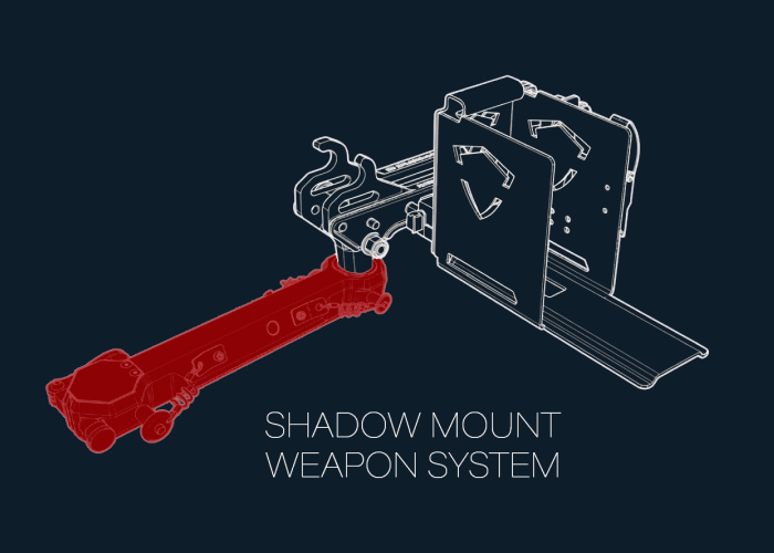 Technical illustration of a shadow mount weapon system with labeled components in red and white lines on a dark background.
