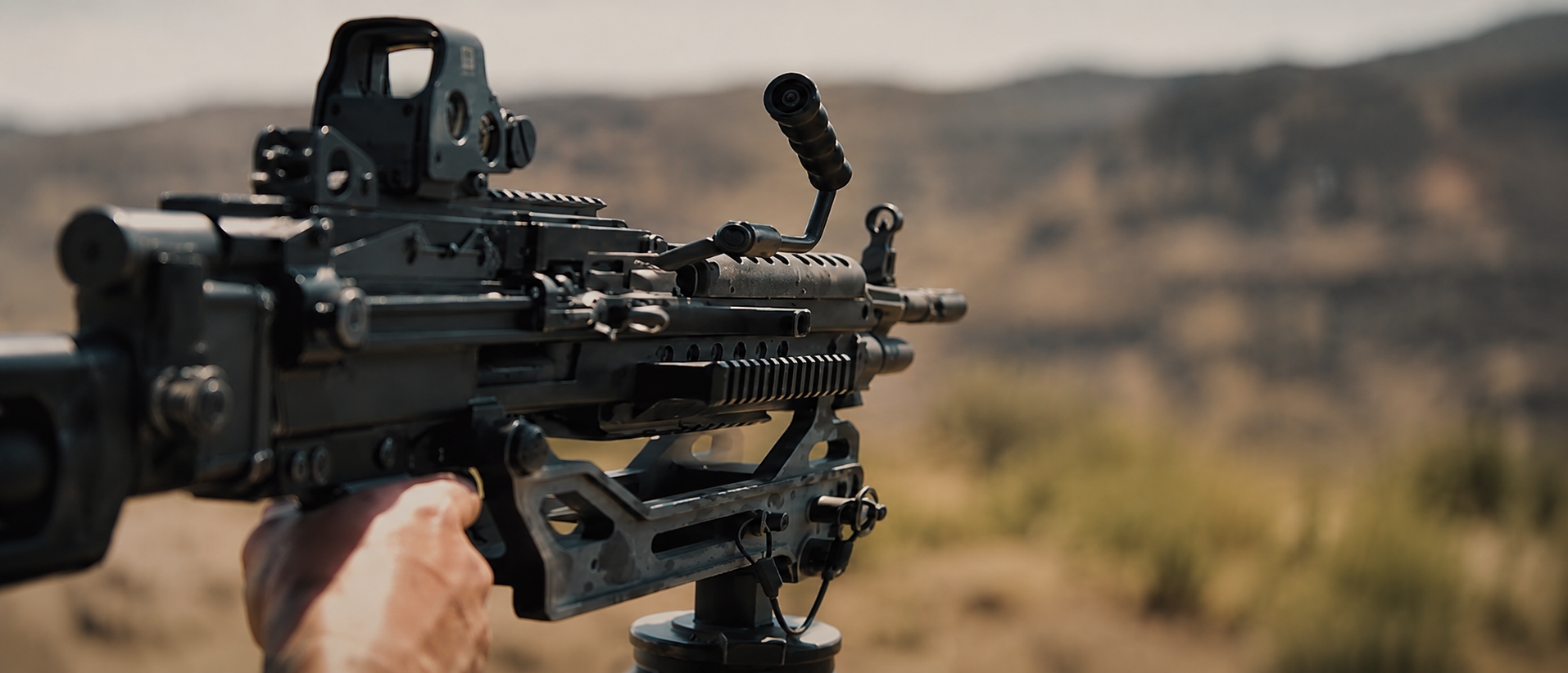 Close-up of a person holding a mounted machine gun outdoors, with a desert landscape and mountains in the background.