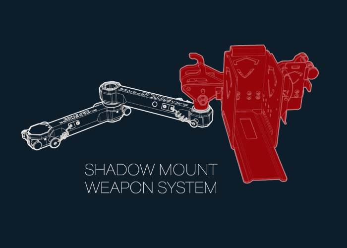 Blueprint-style drawing of a shadow mount weapon system with a labeled red mount component and a white connecting arm.