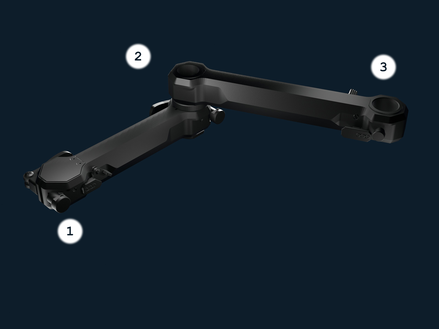 Delta 02 swing arm with numbered labels pointing to different parts against a dark background.