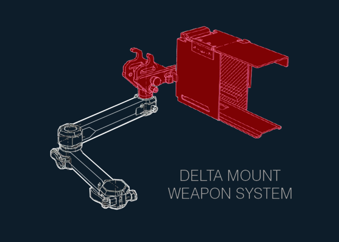 Diagram of a delta mount weapon system showing mechanical components.