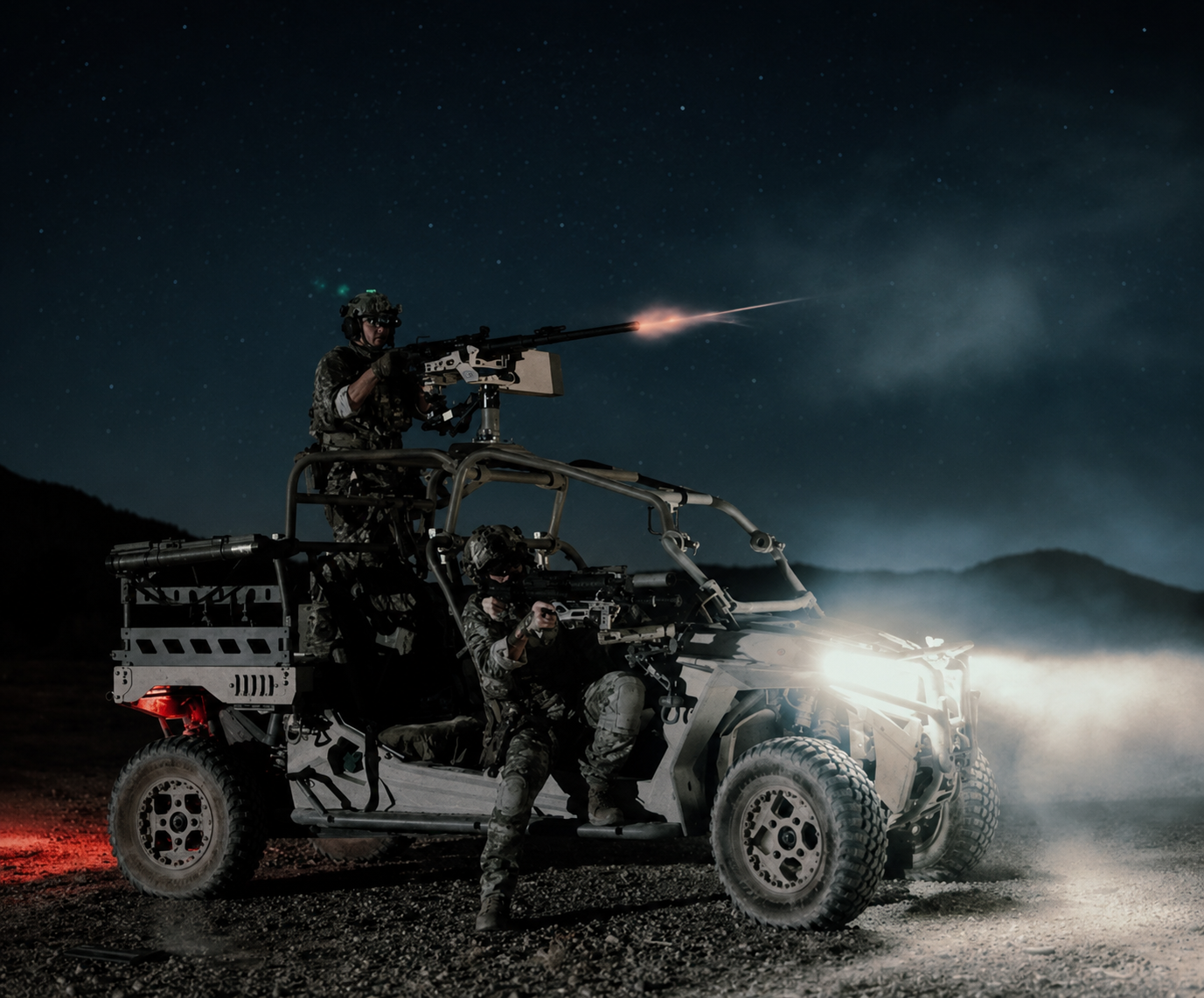Soldiers in tactical gear firing weapons from an off-road military vehicle at night under a starry sky.