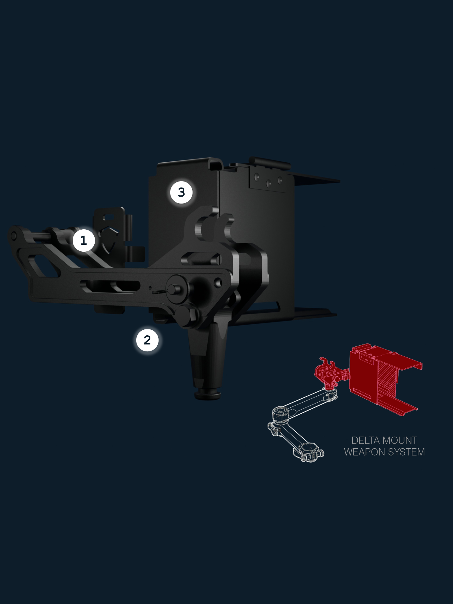 Digital schematic of a weapon system mount with numbered parts and a labeled delta mount weapon system component in a combination of 3D rendering and technical drawing styles.