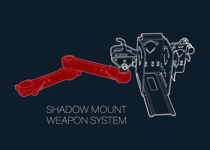 Illustration of a shadow mount weapon system with a mounted weapon and an arm.