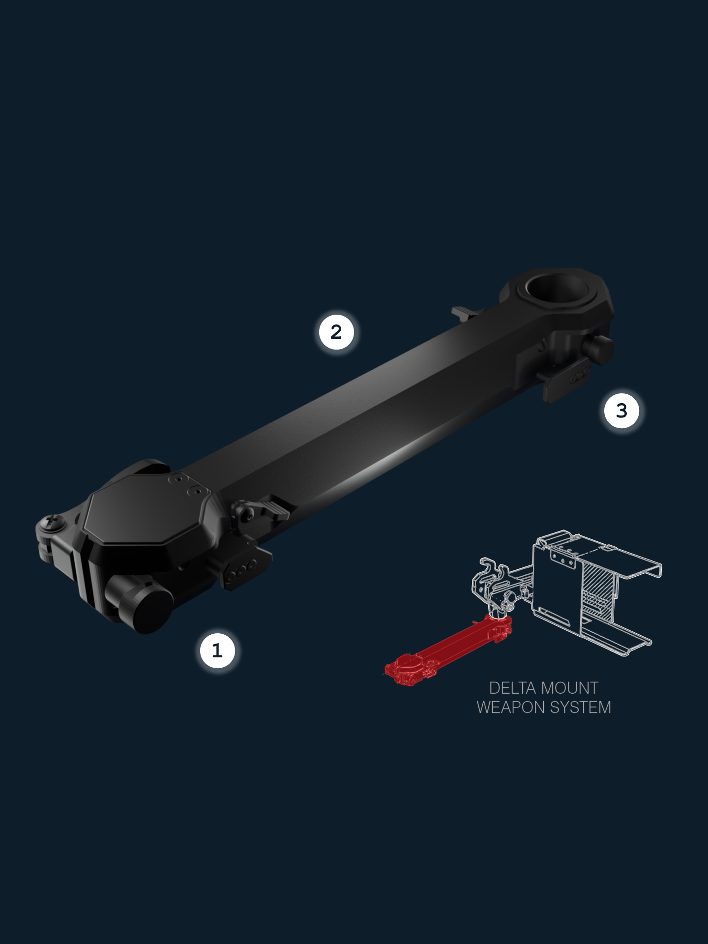 Diagram of Delta Mount Weapon System, showing main components. The system includes a black weapon mount, with a schematic outline of its internal parts and associated mechanisms.